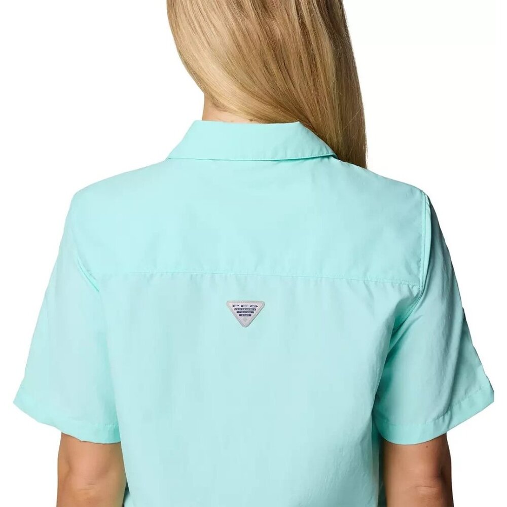 Columbia Women's PFG Open Water Short Sleeve Shirt Blue Snap Button Medium - Picture 4 of 4